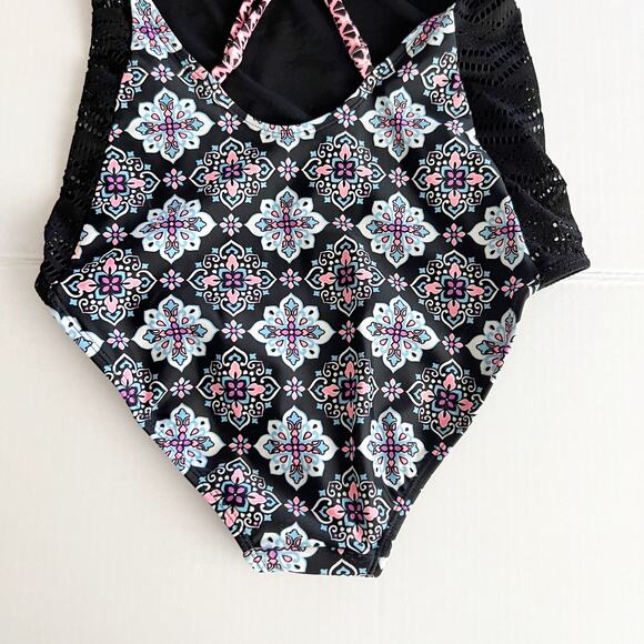 [Hula Honey] Black Gypsy Deco Lace Geometric Print One Piece Swimsuit Sz Small S - Picture 7 of 11